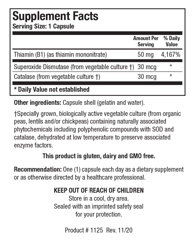 Biotics Research Thiamin 50 mg supplement facts panel displaying nutritional values and dosage instructions