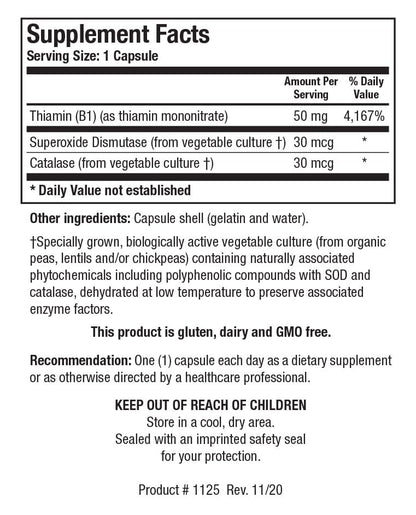 Biotics Research Thiamin 50 mg supplement facts panel displaying nutritional values and dosage instructions