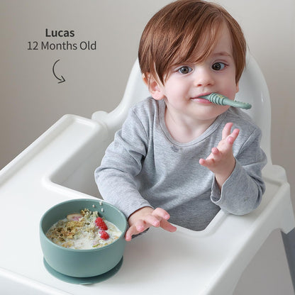 Top view of baby self feeding bowl and soft tip spoon