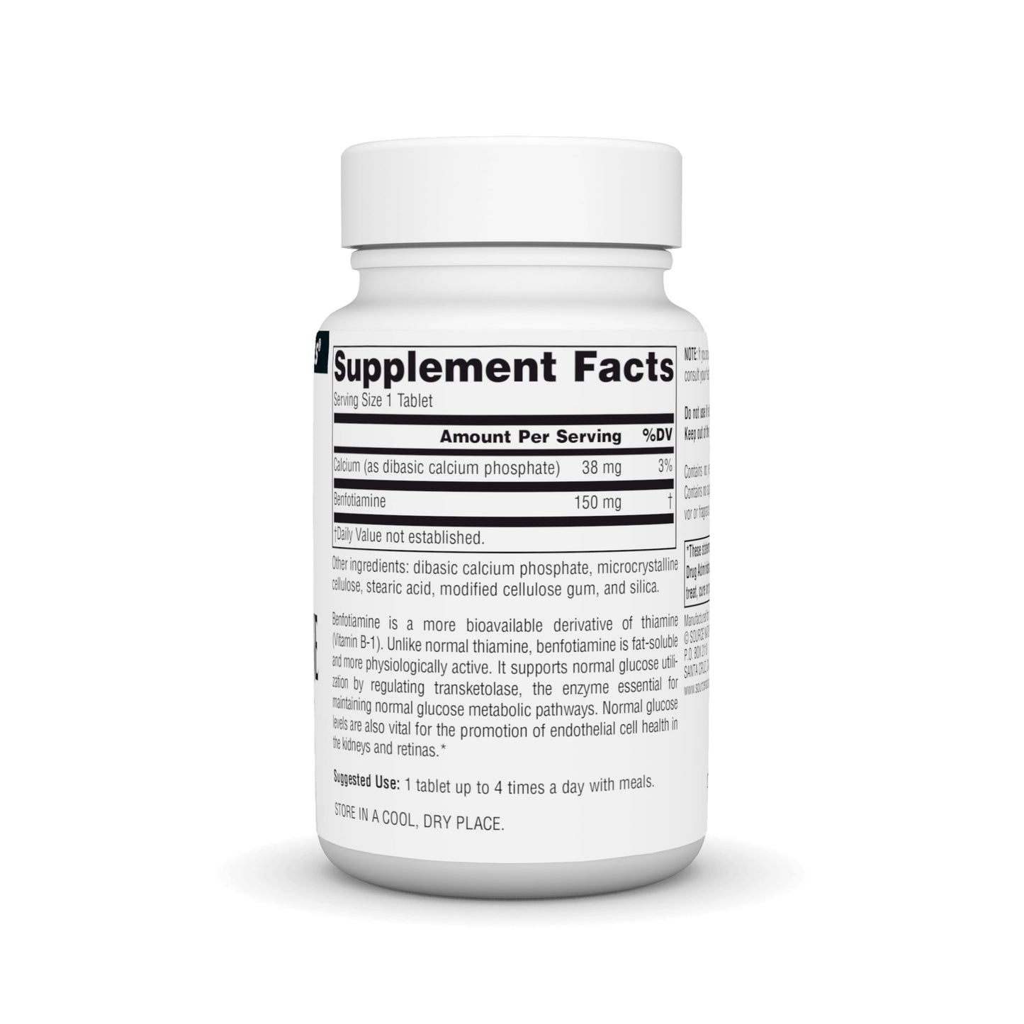 Side panel of Source Naturals Benfotiamine showing daily dosage and supplement facts.