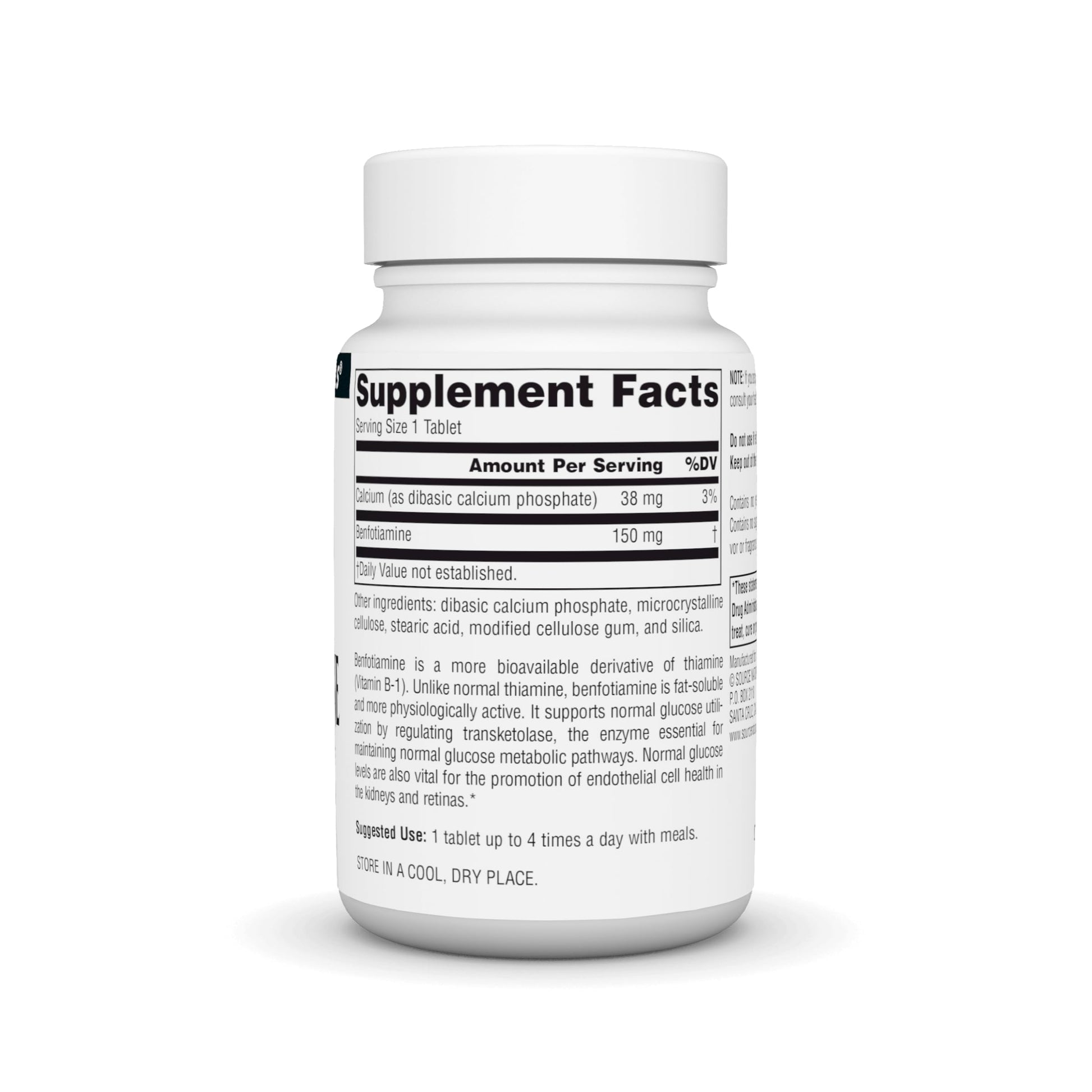 Side panel of Source Naturals Benfotiamine showing daily dosage and supplement facts.