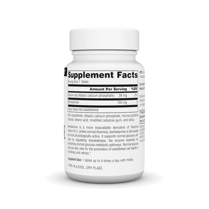Side panel of Source Naturals Benfotiamine showing daily dosage and supplement facts.