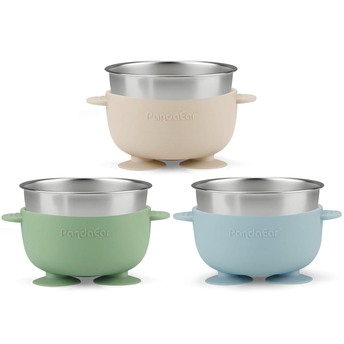 PandaEar baby bowls with lids blue green and brown colors