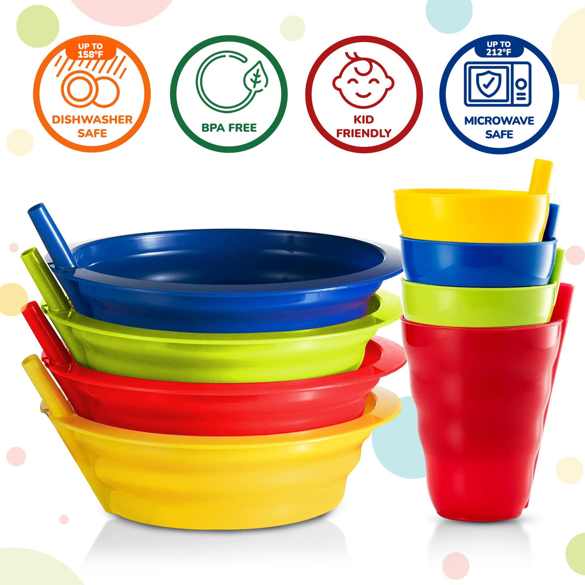 Plaskidy kids straw bowl and cup set colorful plastic design