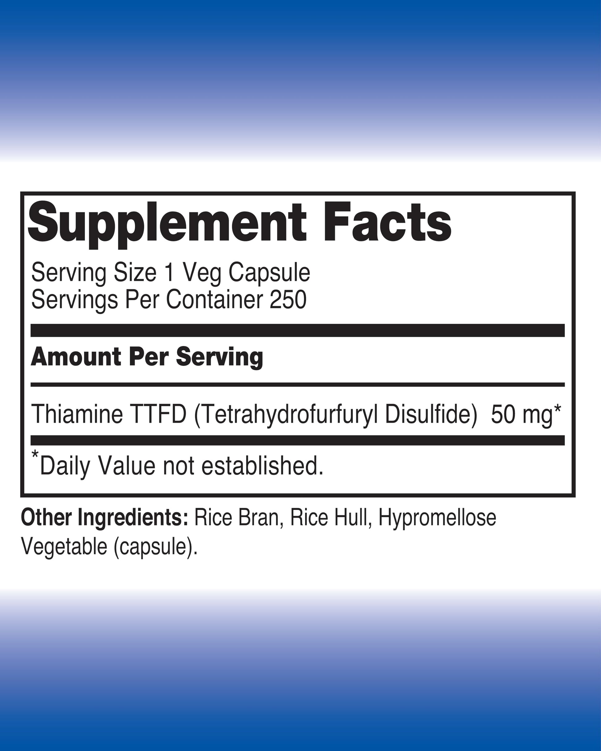 The One Pill Integrative Healing Vitamin B1 250 vegan capsules supplement facts and ingredient label details