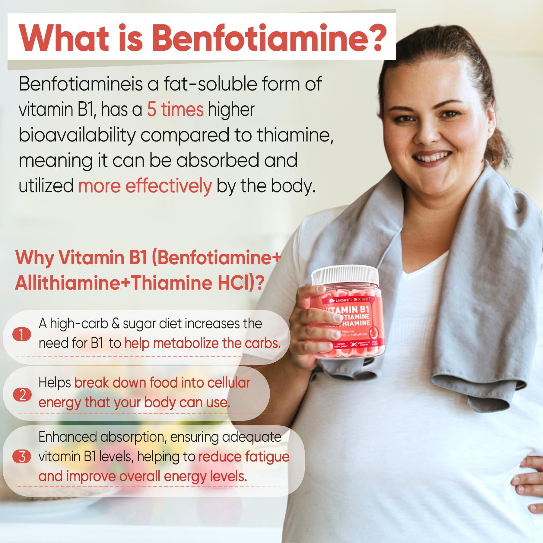 Lilicare Vitamin B1 Benfotiamine supplement bottle back label showing nutritional facts