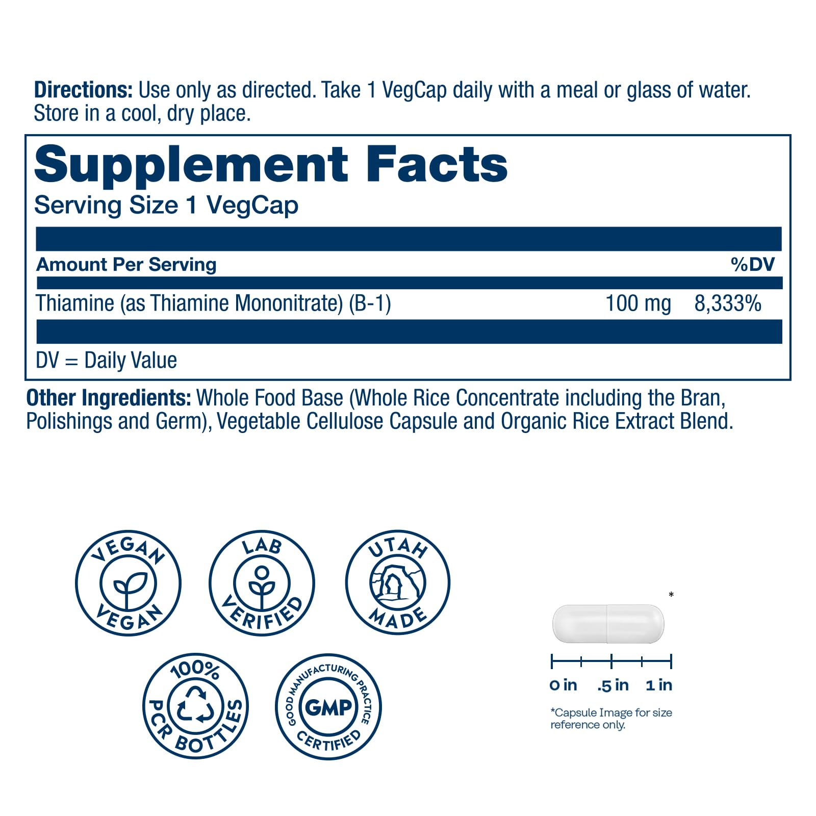 Solaray Thiamine supplement facts label showing ingredients and serving size details