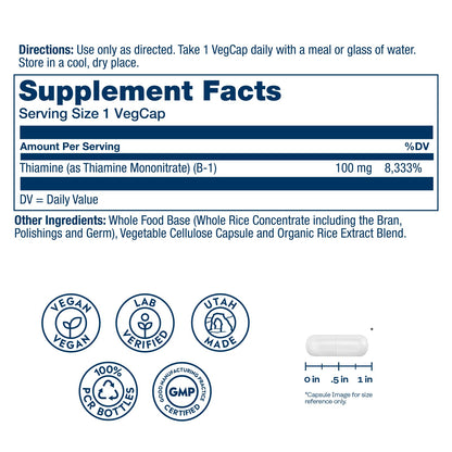 Solaray Thiamine supplement facts label showing ingredients and serving size details