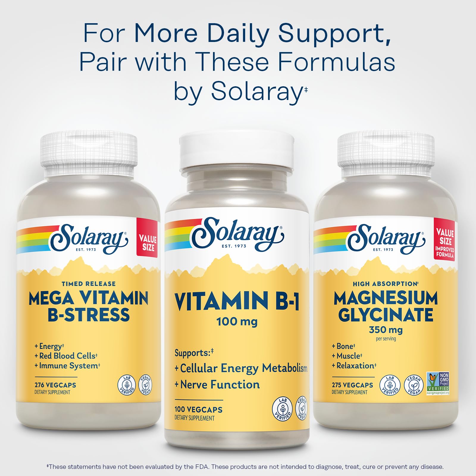 Eco friendly post consumer recycled packaging view of Solaray Vitamin B1 bottle