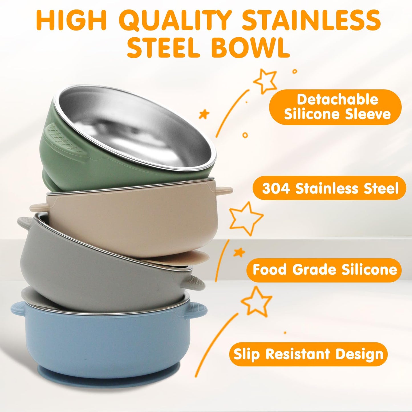Jveoo stainless steel toddler bowl with removable silicone suction base