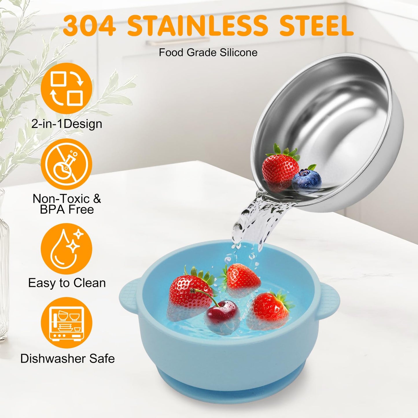 Jveoo 2-in-1 baby bowl set showing stainless steel interior