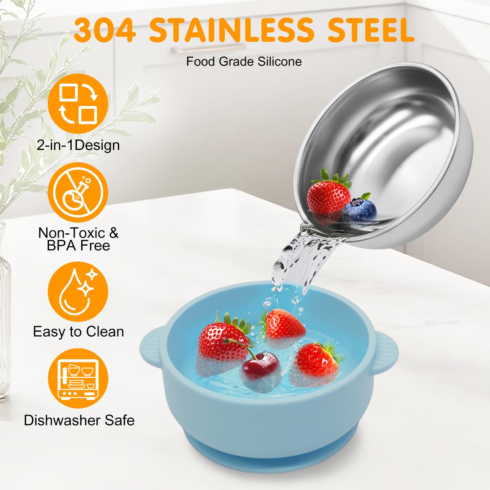 Jveoo 2-in-1 baby bowl set showing stainless steel interior