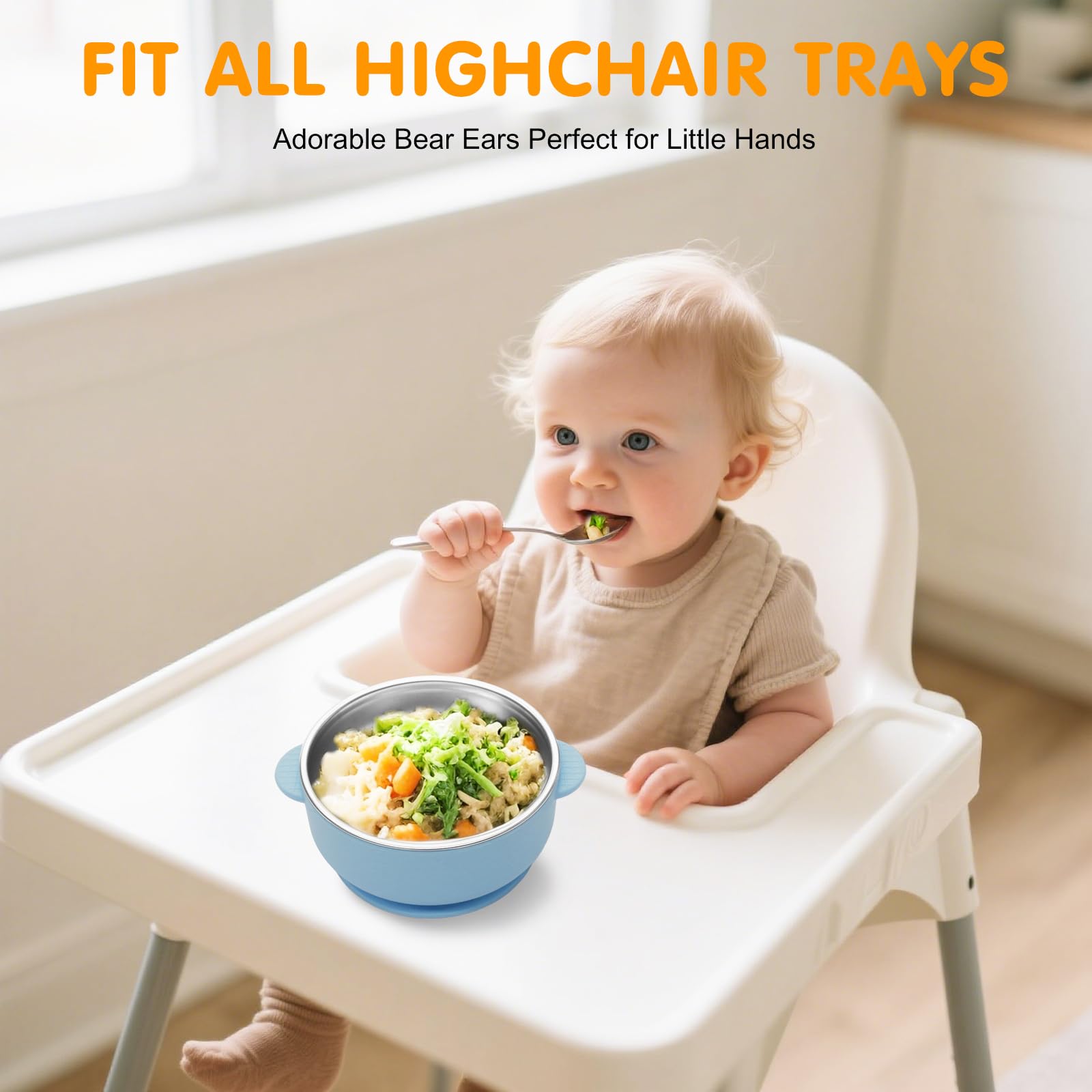 Toddler eating from Jveoo stainless steel suction bowl on high chair