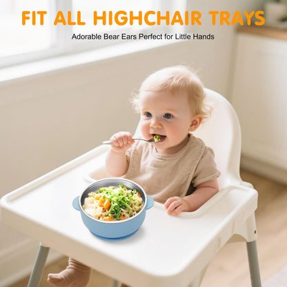 Toddler eating from Jveoo stainless steel suction bowl on high chair