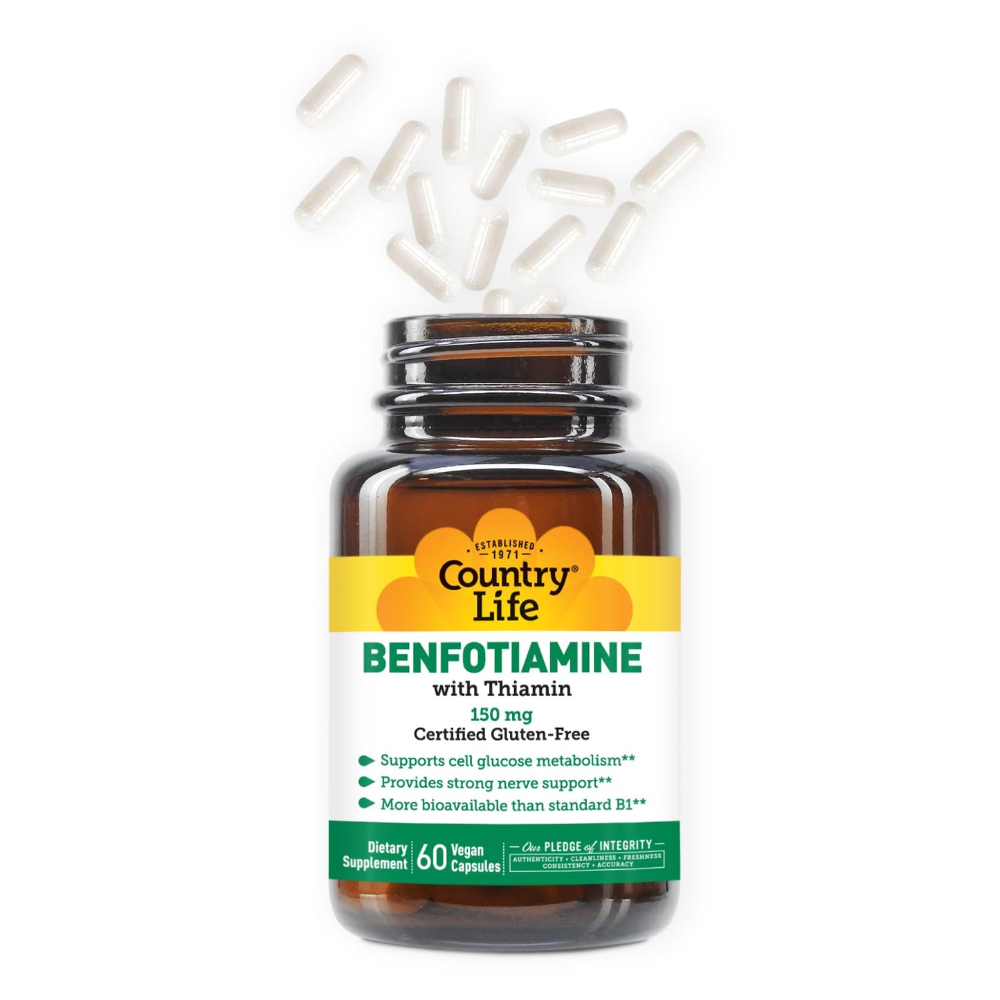 Country Life Benfotiamine supplement facts panel detailing thiamin and benfotiamine milligram dosages.