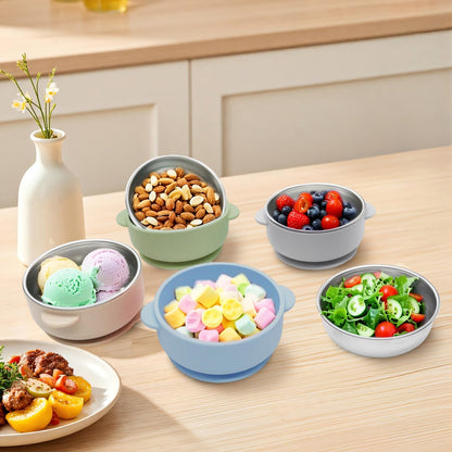 Stack of four Jveoo stainless steel snack containers for toddlers