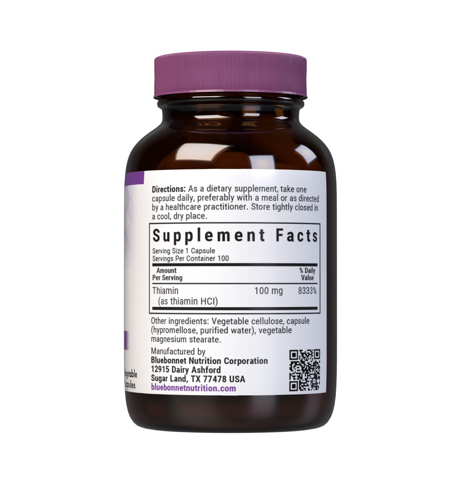 Bluebonnet Nutrition Thiamin HCl 100 mg side label showing product ingredients and allergy warnings