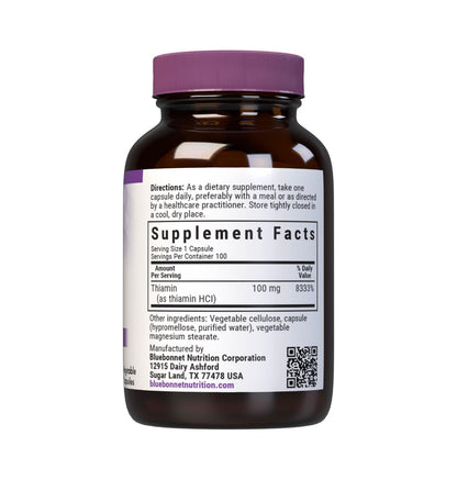 Bluebonnet Nutrition Thiamin HCl 100 mg side label showing product ingredients and allergy warnings