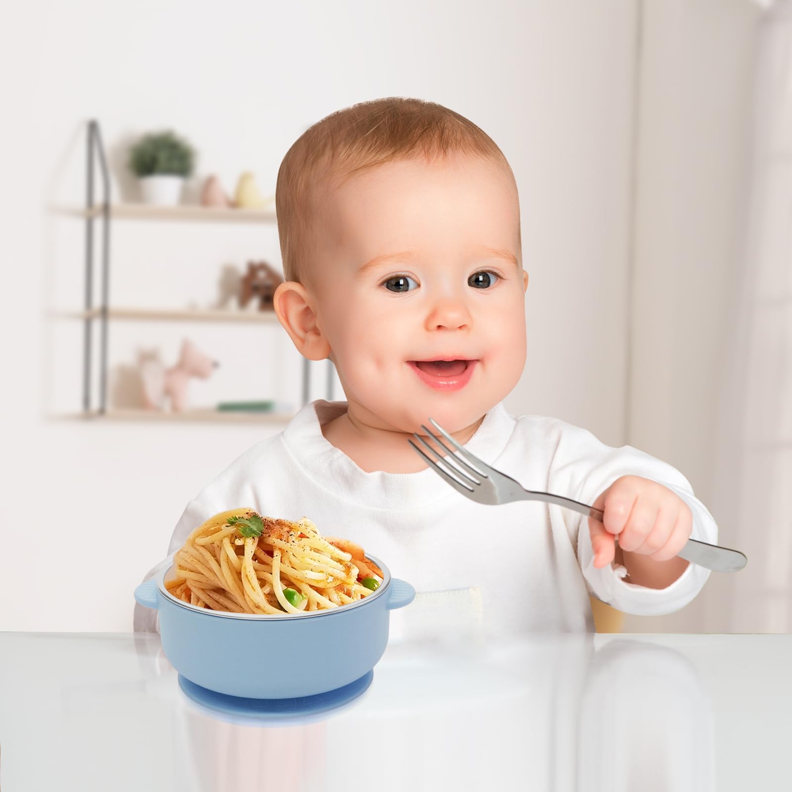 Jveoo baby bowl set components showing silicone base and steel bowl