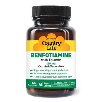 Country Life Benfotiamine dietary supplement bottle displayed alongside clean plant ingredients.