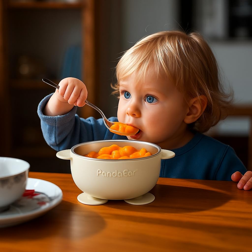 Three stainless steel baby bowls with silicone suction bases