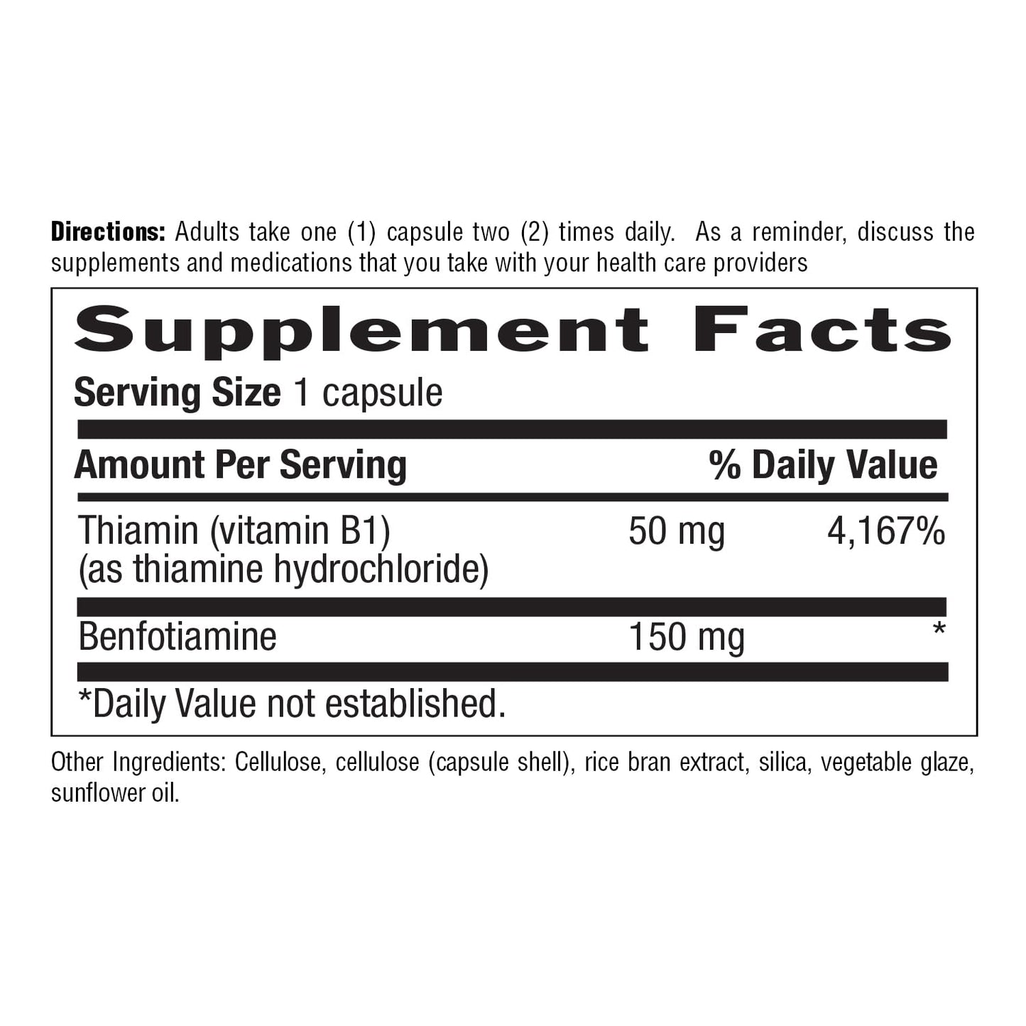 Back label of Country Life Benfotiamine showing allergen-free formulation notes without magnesium stearate.