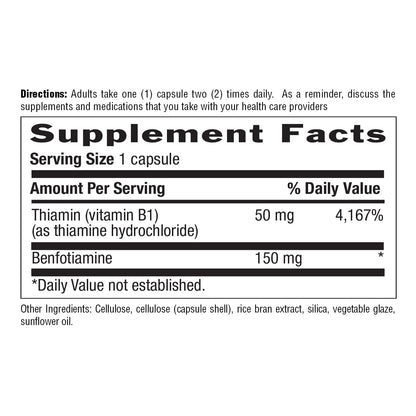 Back label of Country Life Benfotiamine showing allergen-free formulation notes without magnesium stearate.