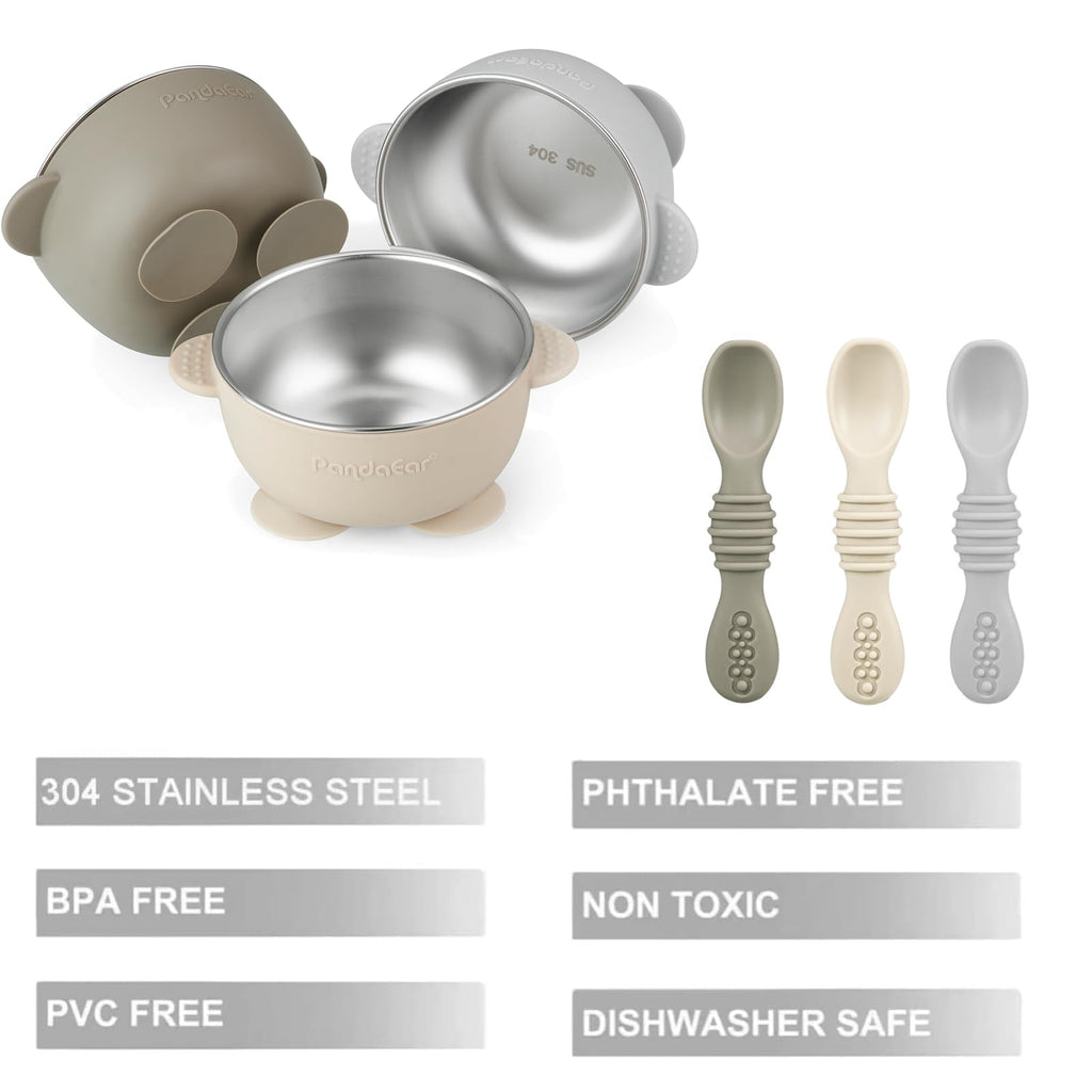 PandaEar baby feeding set in linen brown and grey colors
