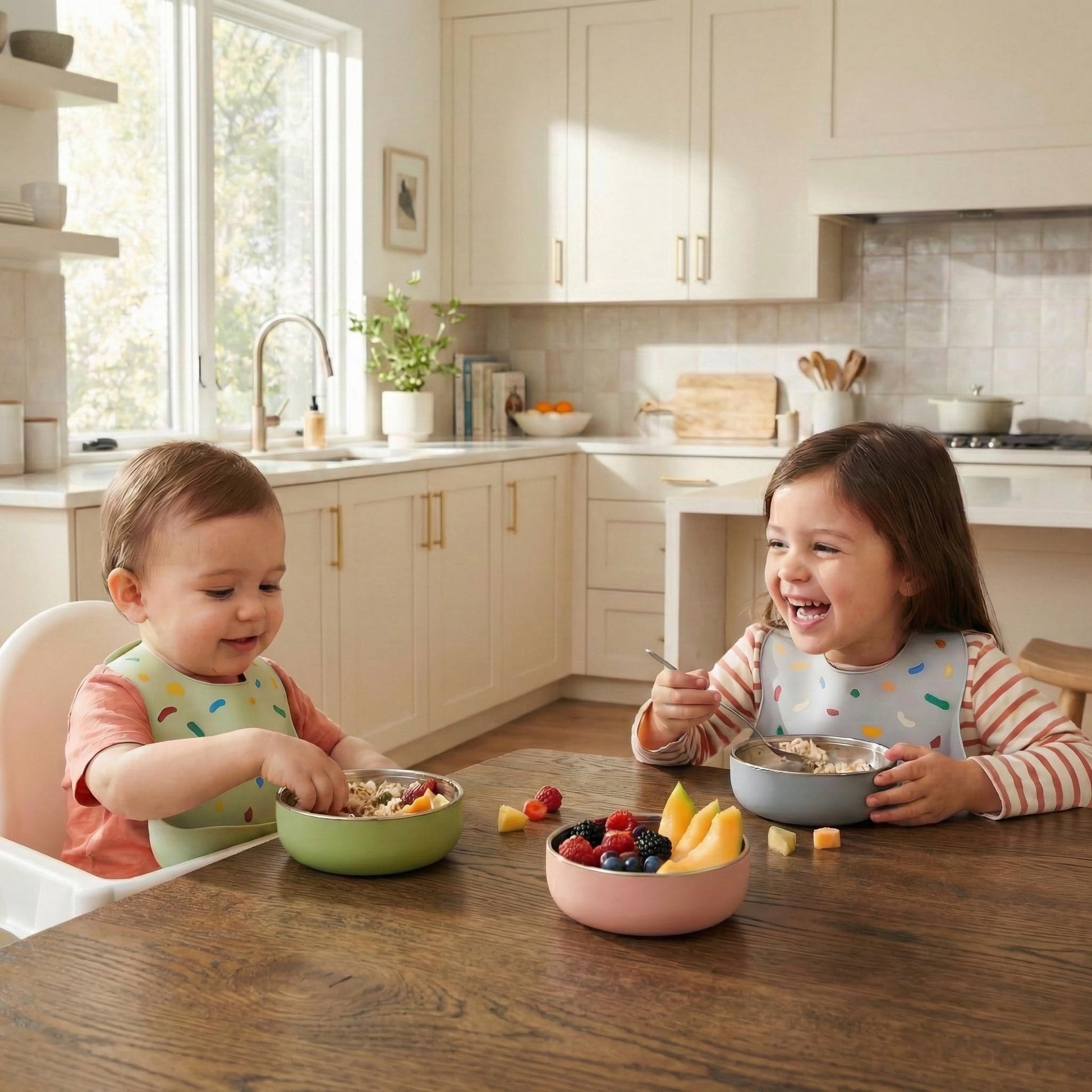 Four colorful Monkey Proof stainless steel toddler bowls stacked