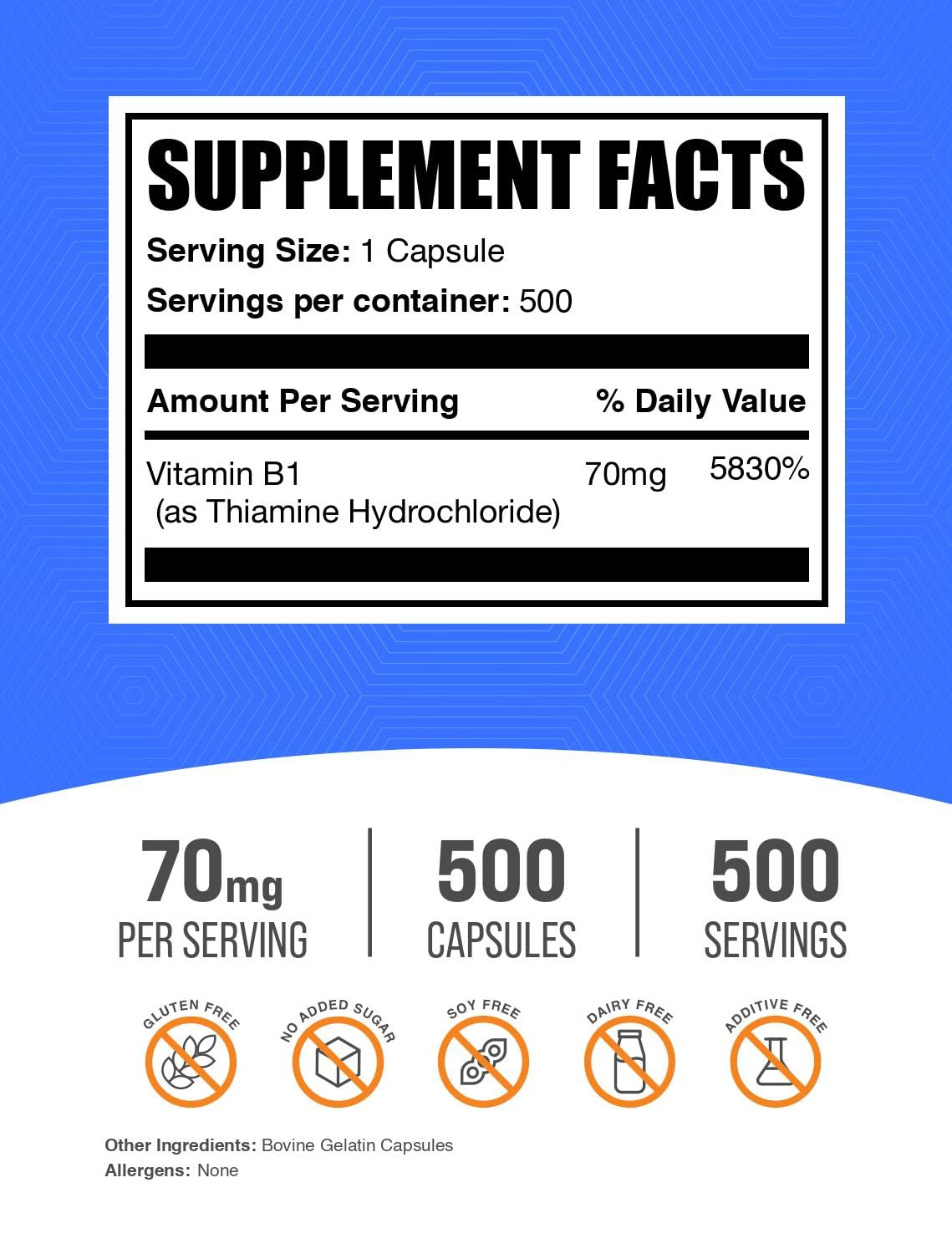 BulkSupplements Vitamin B1 Thiamine Hydrochloride 500 capsules packaging details.