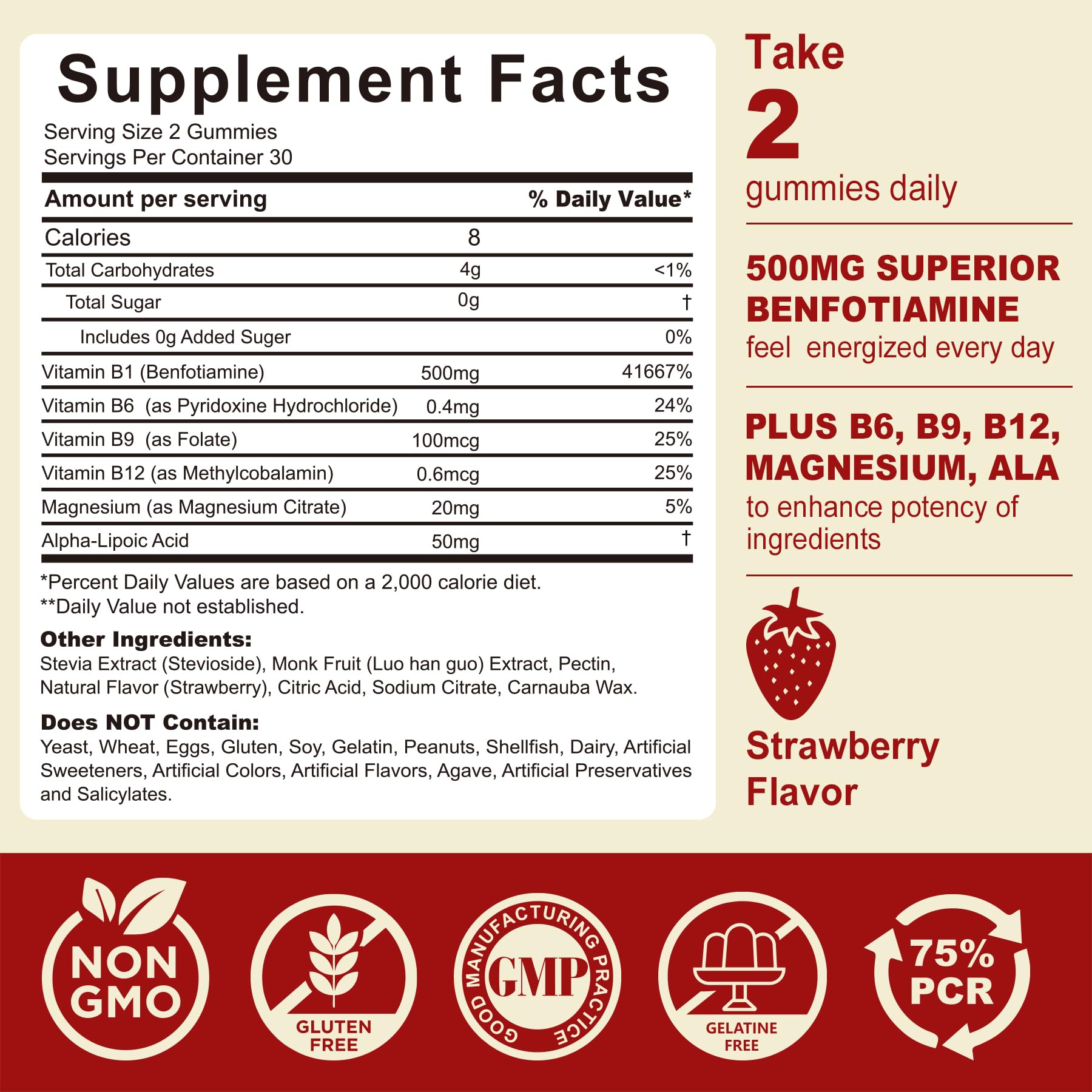 Safgumjel Vitamin B1 chewable strawberry flavored sugar free supplements back nutrition label