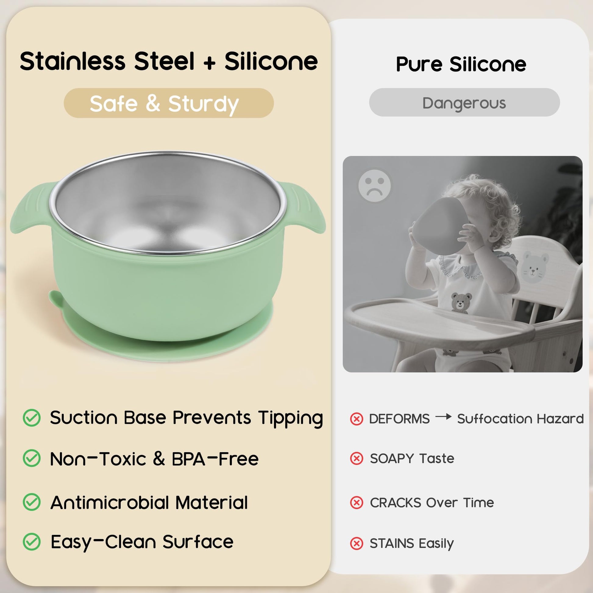 Toddler using Bella's Friends stainless steel bowl on high chair