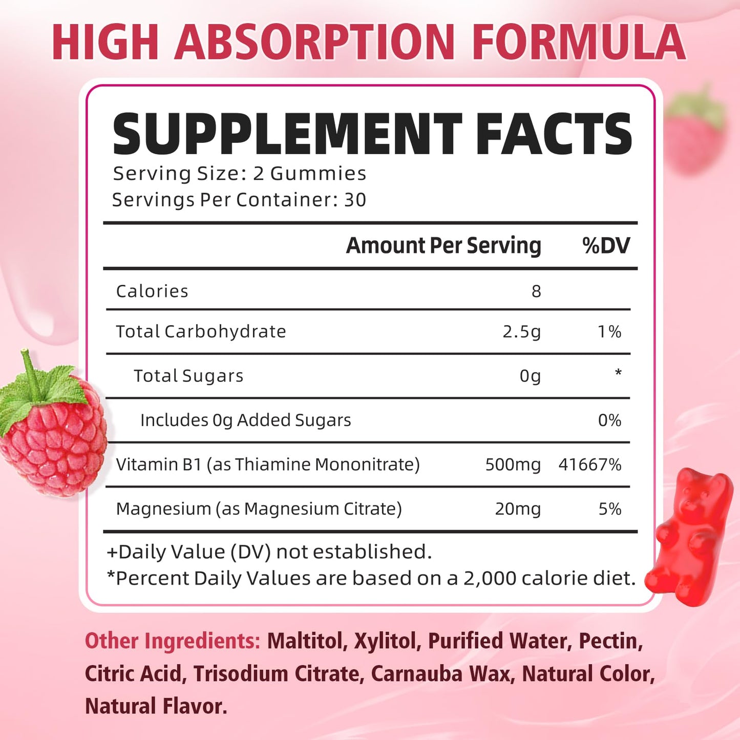 Yuulai sugar free raspberry flavored thiamine chewables with magnesium citrate for adults and kids.