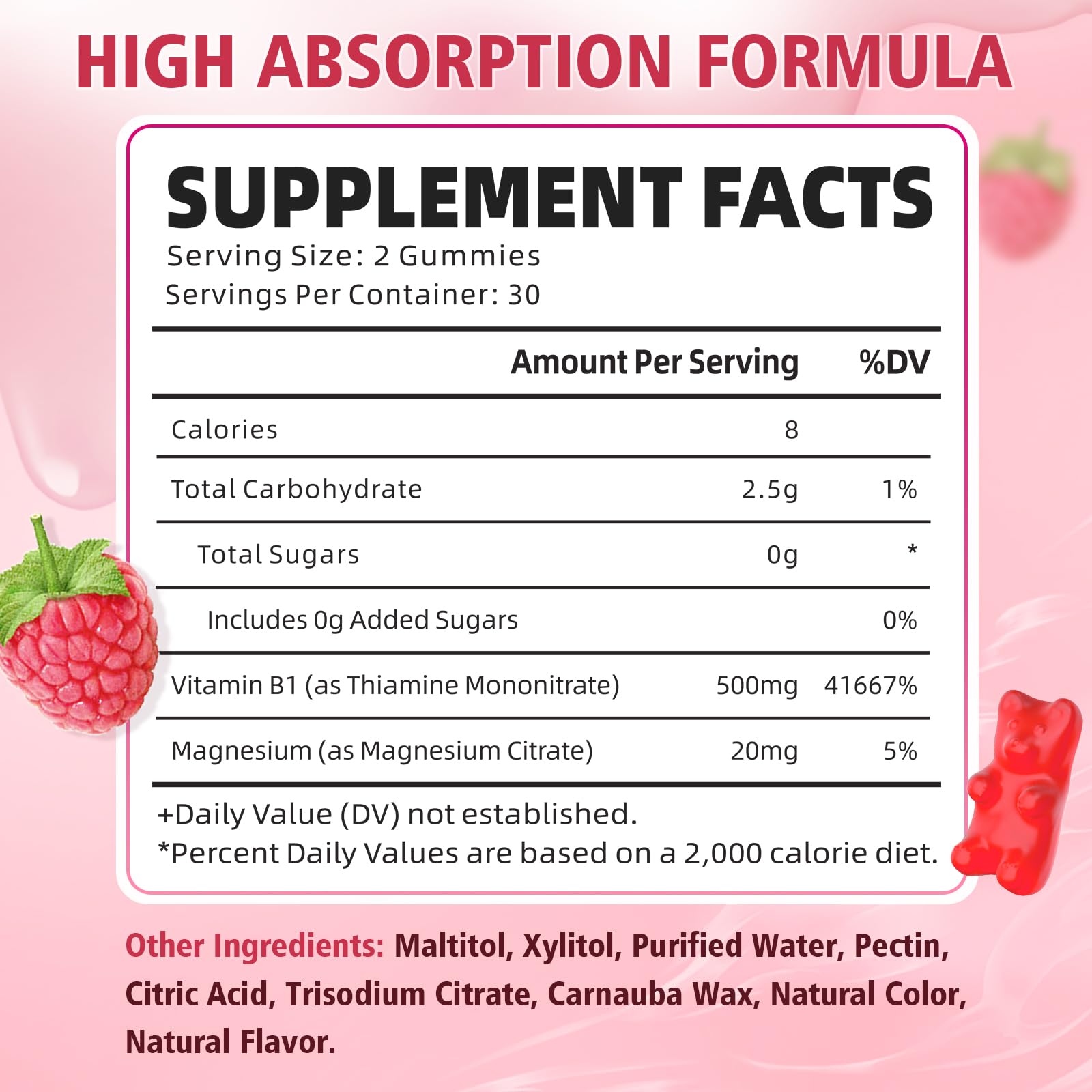Yuulai sugar free raspberry flavored thiamine chewables with magnesium citrate for adults and kids.