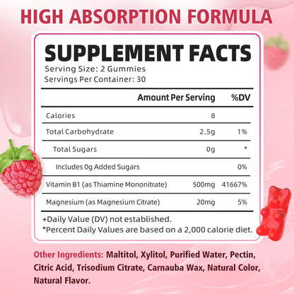 Yuulai sugar free raspberry flavored thiamine chewables with magnesium citrate for adults and kids.