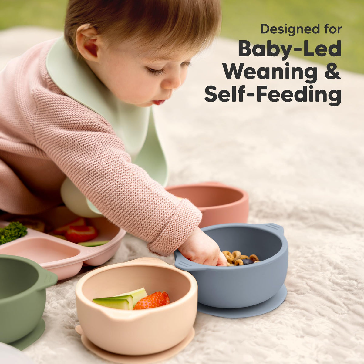 Stacked KeaBabies silicone bowls with lids for convenient storage