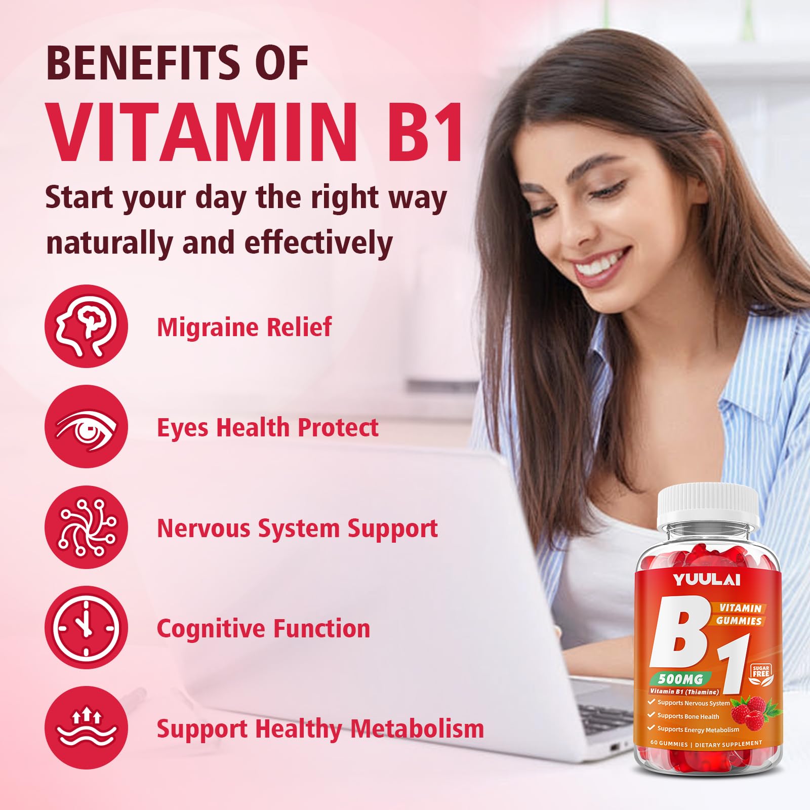 Side label of Yuulai Vitamin B1 supplement showing 60 Count dietary information and ingredients.