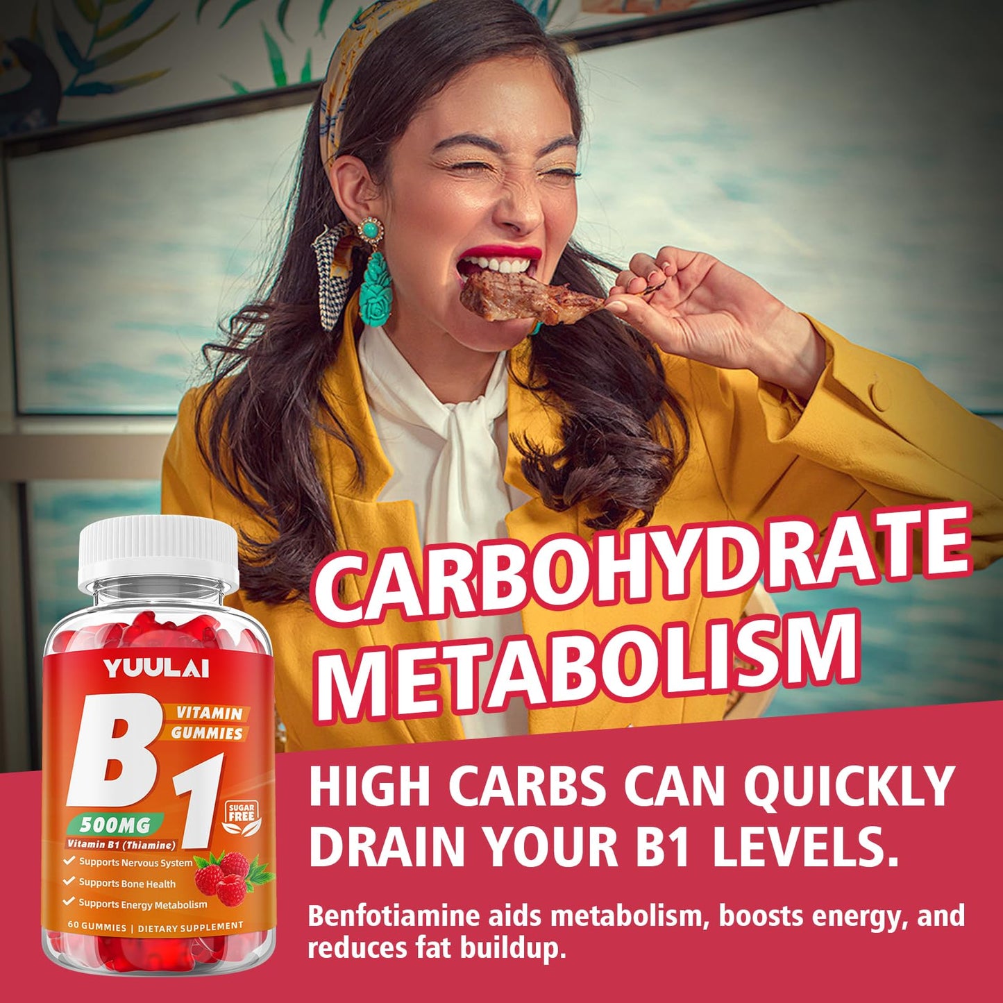 Close up view of raspberry flavor chewable vitamin B1 gummies for daily metabolic support.