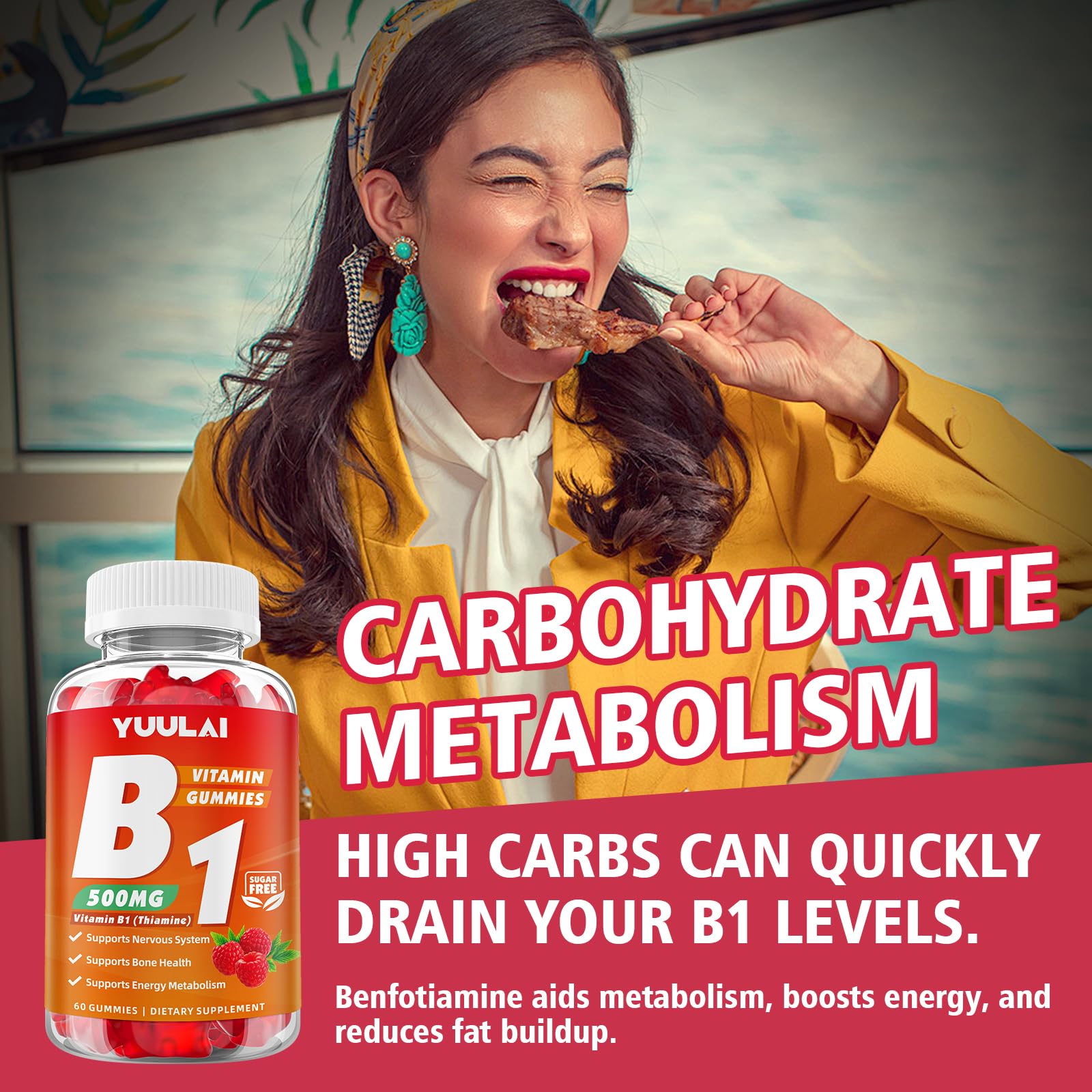 Close up view of raspberry flavor chewable vitamin B1 gummies for daily metabolic support.