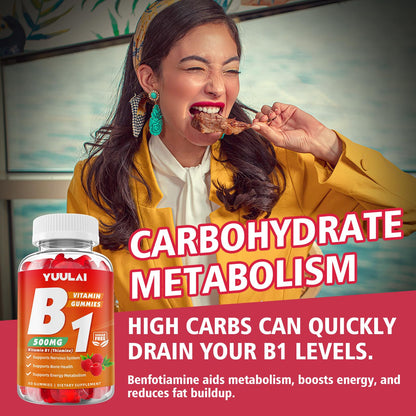 Close up view of raspberry flavor chewable vitamin B1 gummies for daily metabolic support.