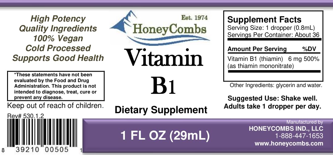 HoneyCombs High Potency Thiamine Liquid supplement facts showing alcohol free ingredients