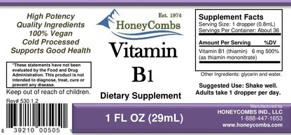 HoneyCombs High Potency Thiamine Liquid supplement facts showing alcohol free ingredients