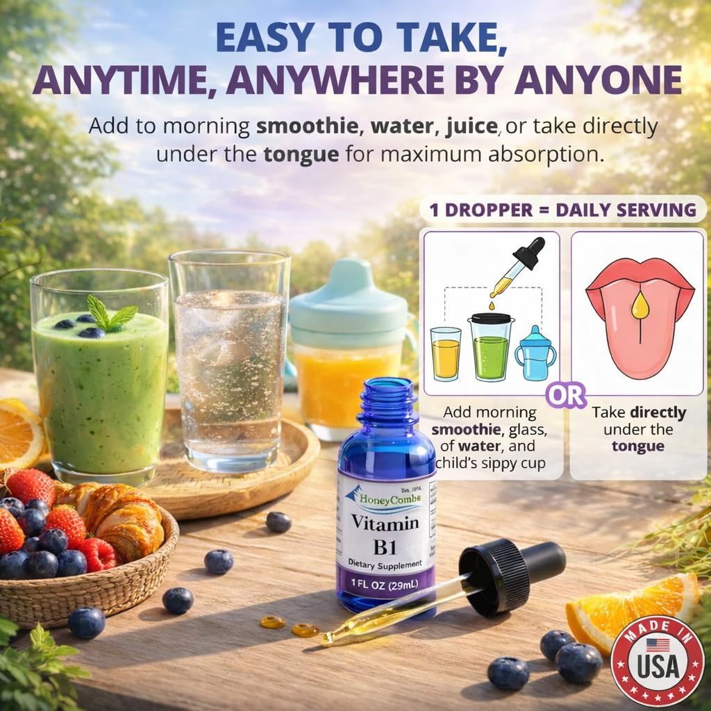 Vegan and non GMO HoneyCombs thiamine liquid extract dropper overview