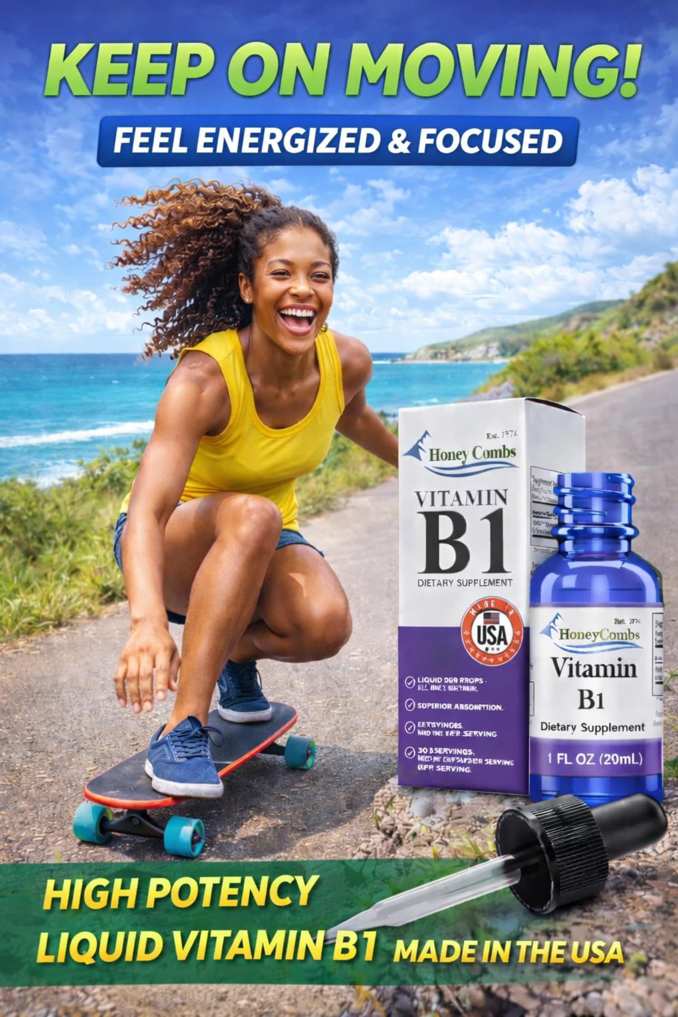 HoneyCombs high potency thiamine vitamin B1 supplement bottle side panel details