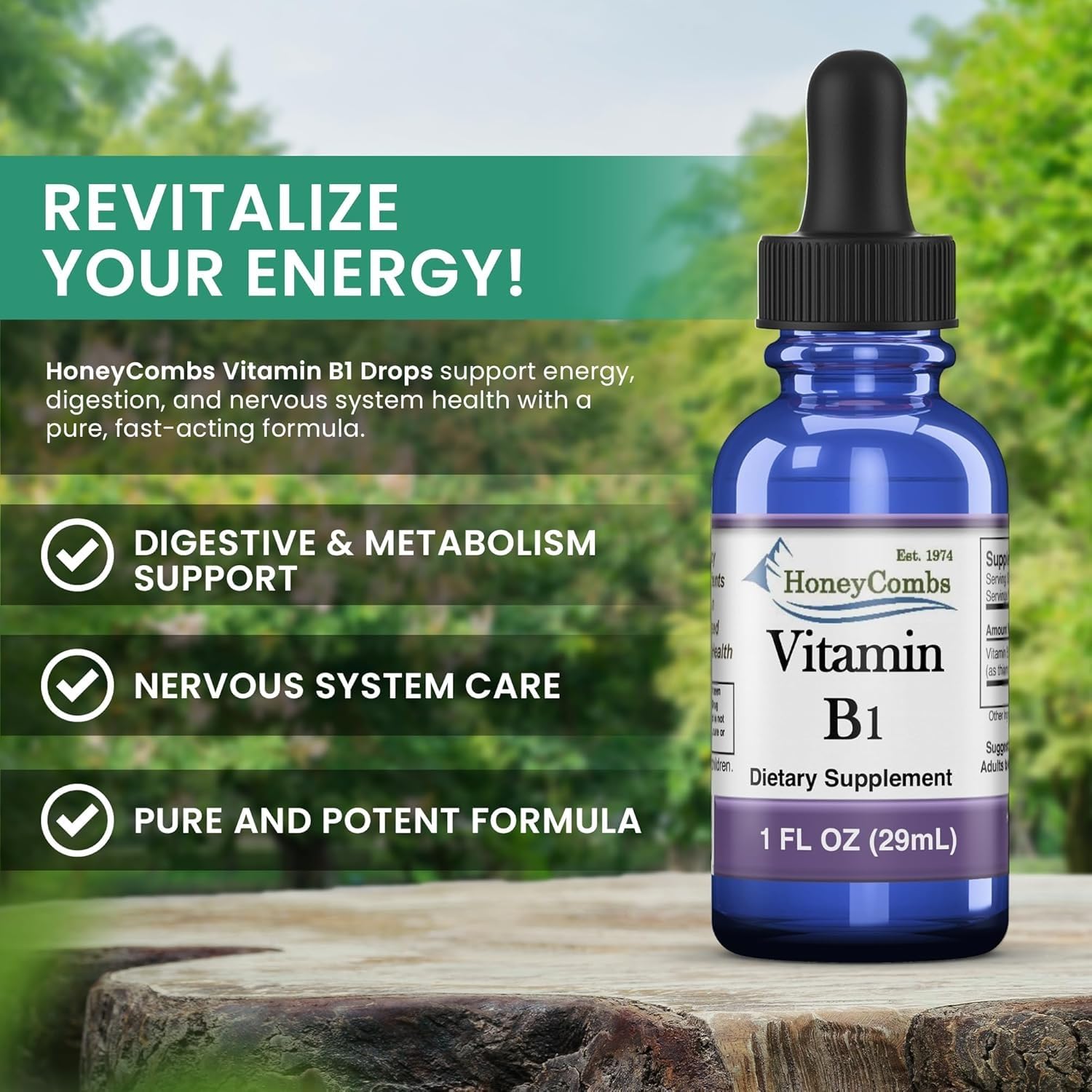 One fluid ounce packaging of HoneyCombs high potency vitamin B1 extract