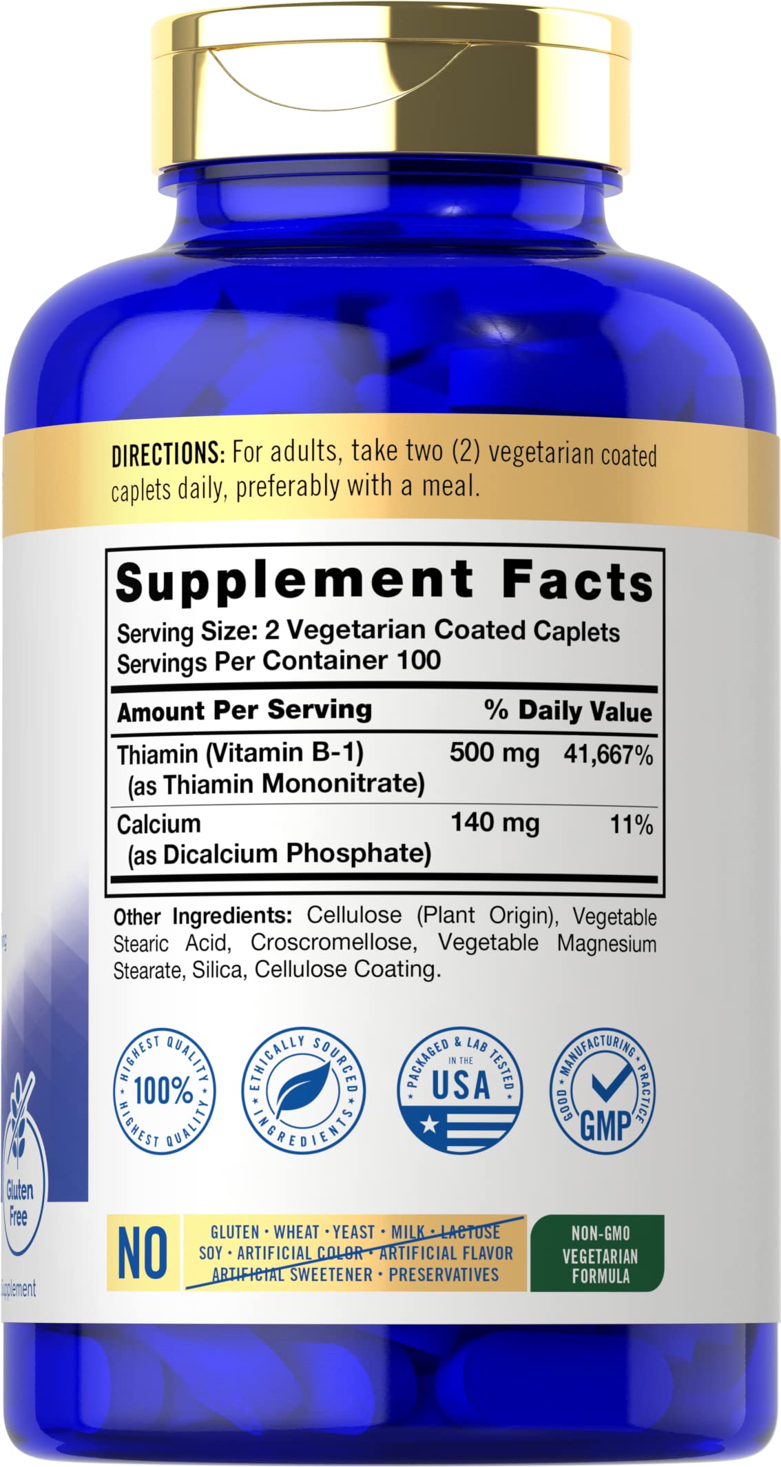 Carlyle Vitamin B1 500mg supplement facts label with ingredient details