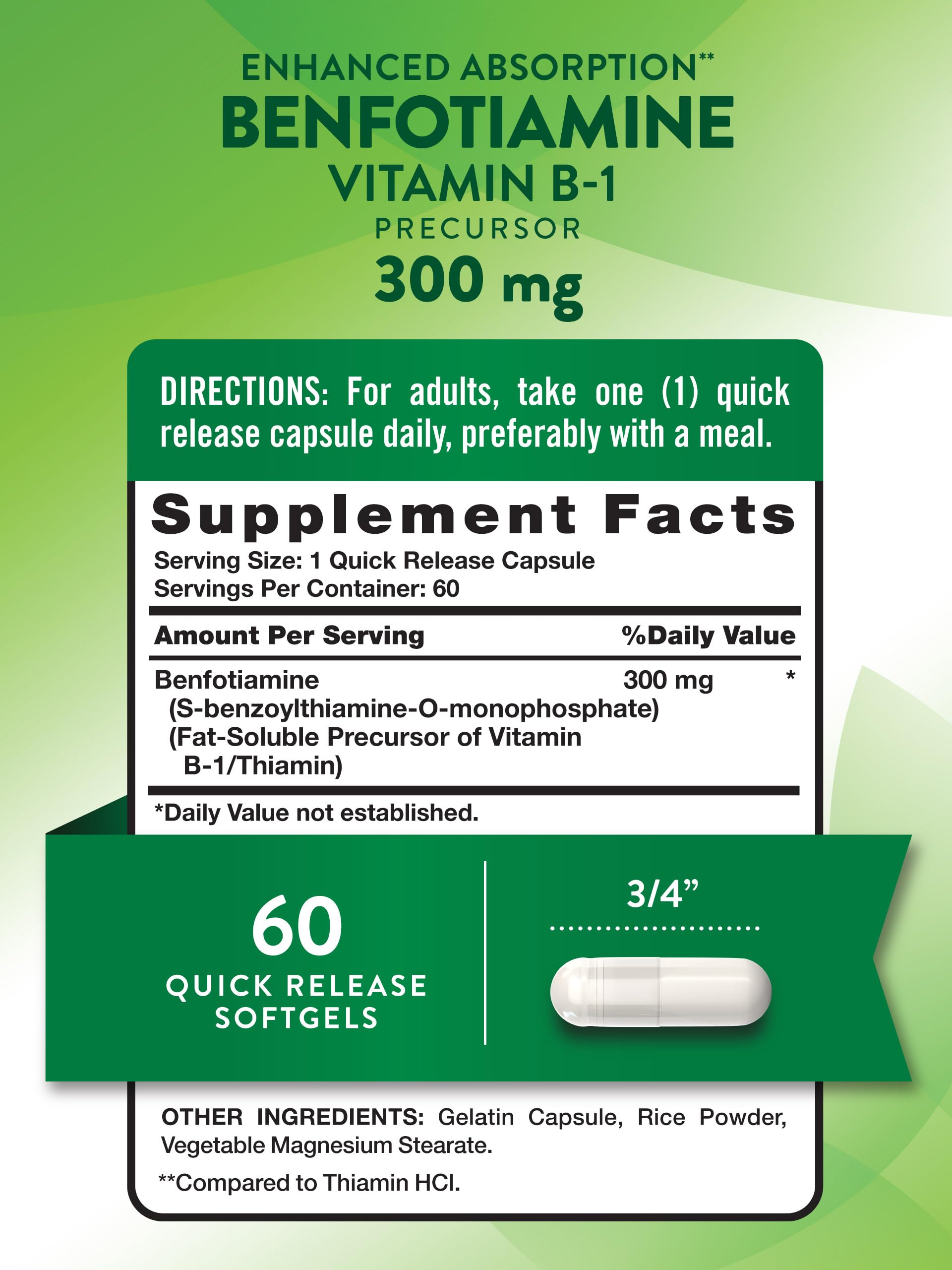 Nature's Truth Benfotiamine fat soluble vitamin B1 precursor supplement nutritional facts label