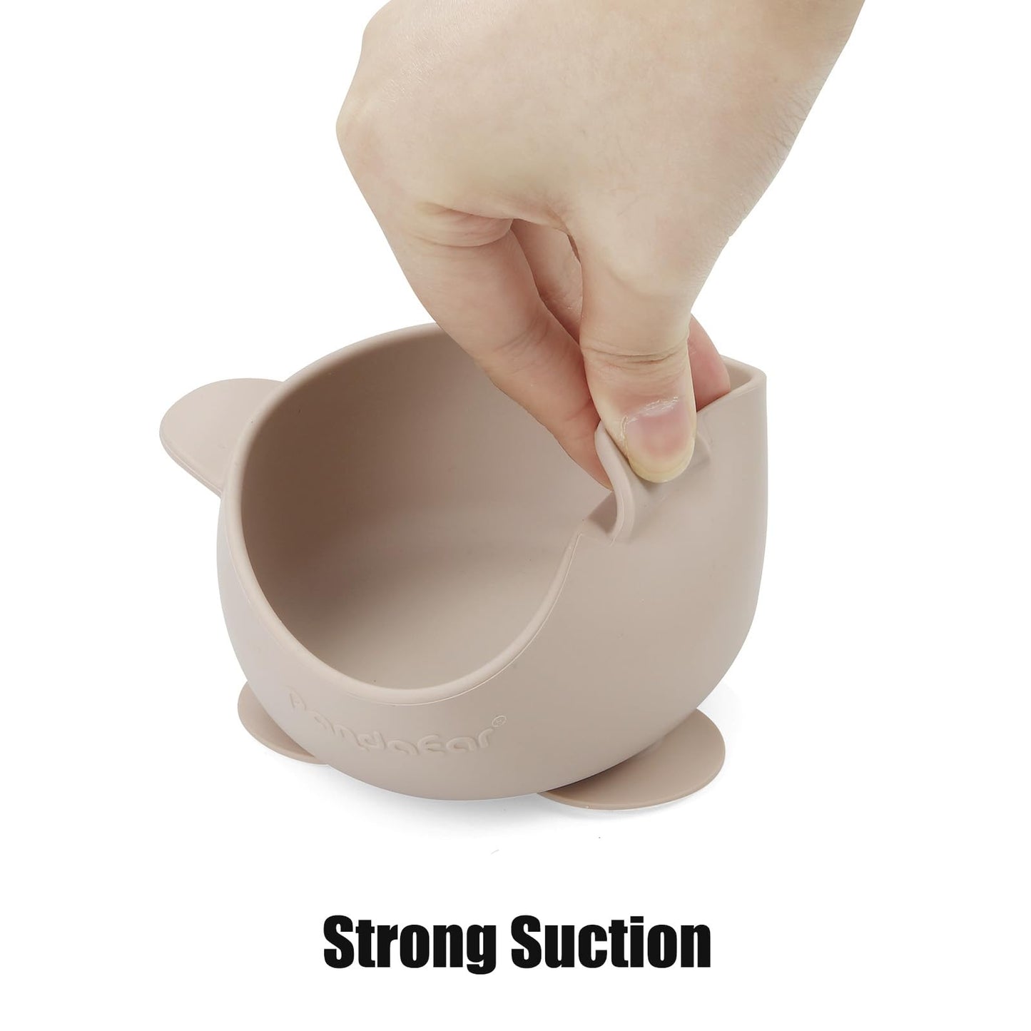 PandaEar linen brown tan baby bowl set in use on table