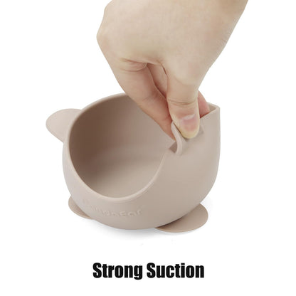 PandaEar linen brown tan baby bowl set in use on table