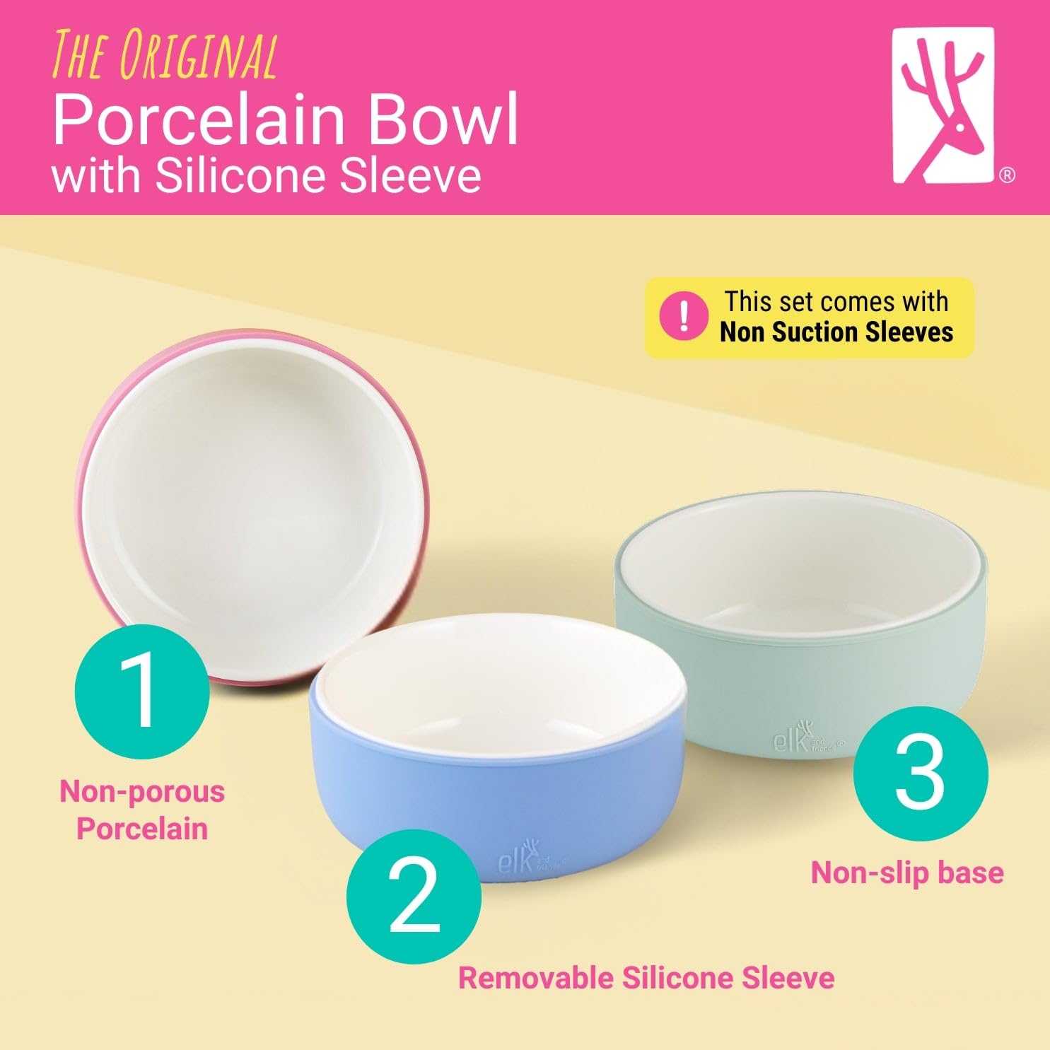 Set of four Elk and Friends porcelain bowls with colorful silicone sleeves